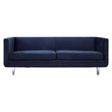 Navy velvet three-seater sofa with a sleek, modern design, featuring two plush seat cushions and a minimalist frame. The sofa is supported by shiny metal legs, adding a contemporary touch to the overall aesthetic