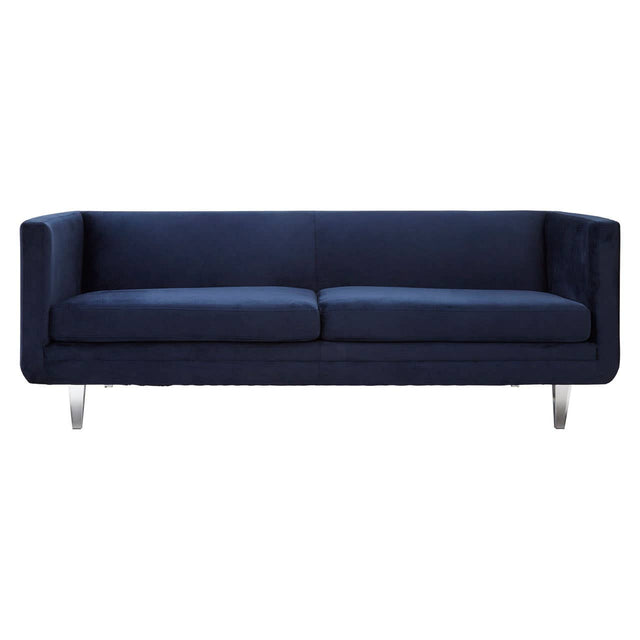 Navy velvet three-seater sofa with a sleek, modern design, featuring two plush seat cushions and a minimalist frame. The sofa is supported by shiny metal legs, adding a contemporary touch to the overall aesthetic
