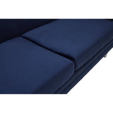 Navy velvet fabric covering a three-seater sofa with a smooth, plush texture, featuring two seat cushions that are slightly separated in the center. The sofa has a modern design with clean lines and a low profile