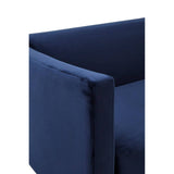 Navy velvet corner of a three-seater sofa, showcasing a smooth texture and clean lines with a modern design. The armrest is slightly angled, emphasizing the contemporary style