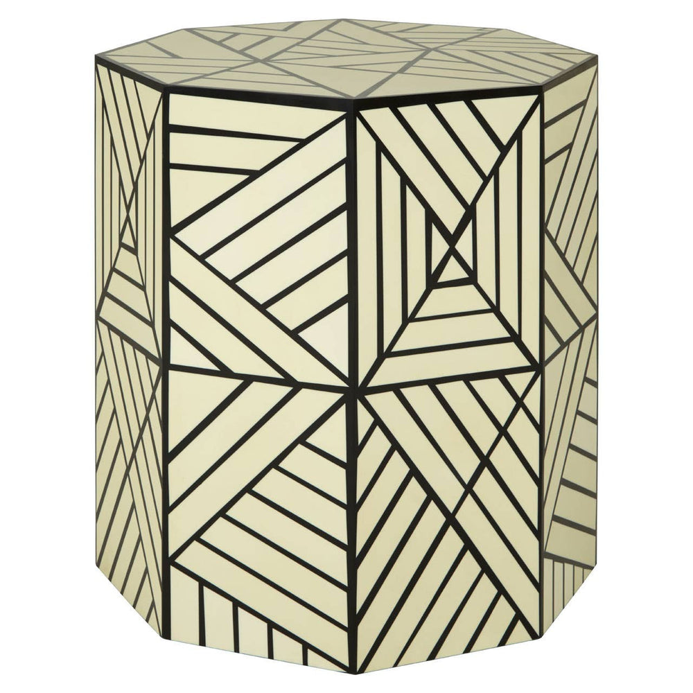 Geometric stool and side table featuring an octagonal shape with a cream ivory surface adorned with black linear patterns, creating a modern and stylish design suitable for home decor