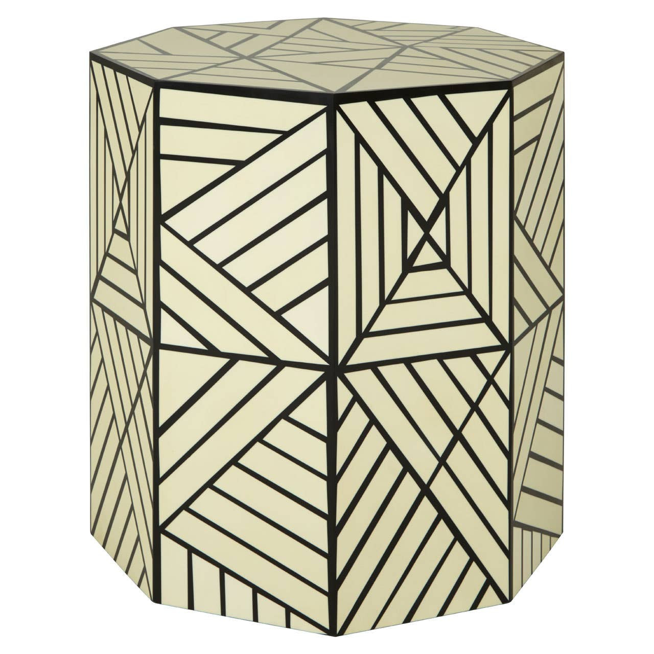 Geometric stool and side table featuring an octagonal shape with a cream ivory surface adorned with black linear patterns, creating a modern and stylish design suitable for home decor