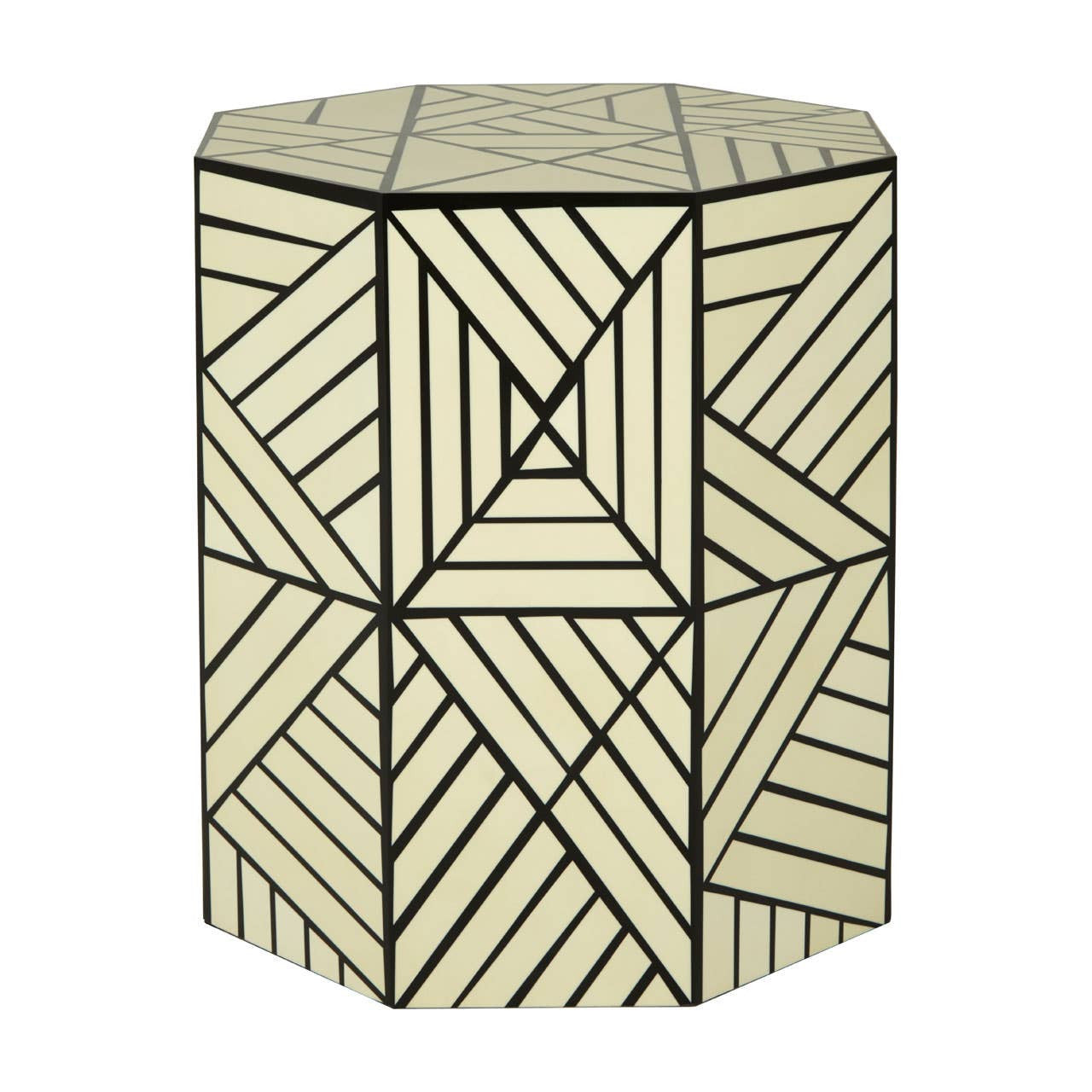 Geometric stool and side table featuring an ivory resin surface with intricate black line patterns, creating a modern and stylish design. The stool has a hexagonal shape, adding a contemporary touch to home decor
