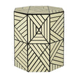Geometric stool and side table featuring an ivory resin surface with intricate black line patterns, creating a modern and stylish design. The stool has a hexagonal shape, adding a contemporary touch to home decor