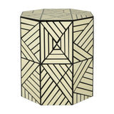 Geometric stool and side table featuring an ivory resin surface with intricate black line patterns, creating a modern and stylish design. The stool has a hexagonal shape, adding a contemporary touch to home decor