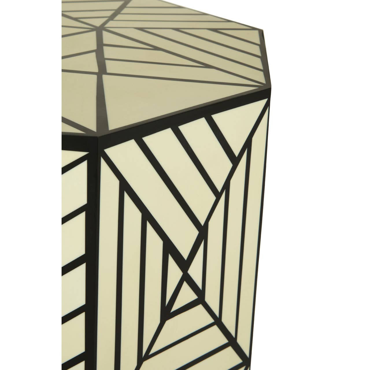 Geometric stool and side table featuring a hexagonal shape with an ivory surface adorned with black linear patterns, highlighting a modern and stylish design