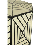 Geometric stool and side table featuring a hexagonal shape with an ivory surface adorned with black linear patterns, highlighting a modern and stylish design
