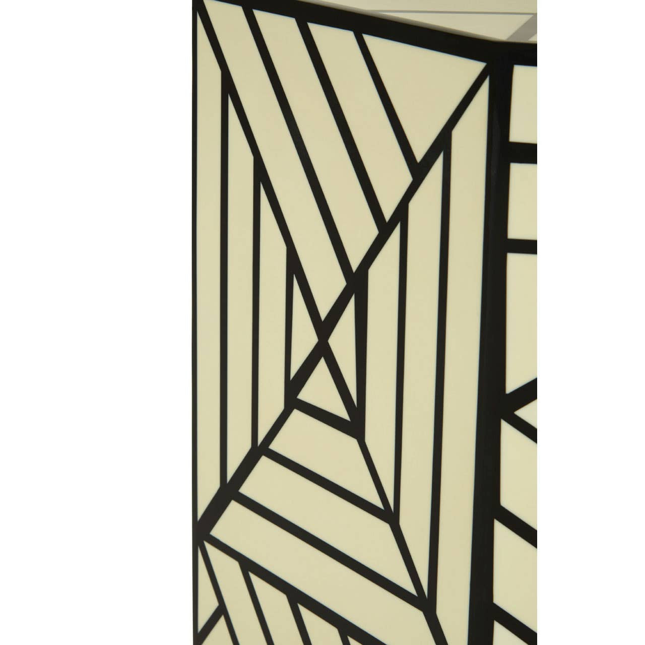 Ivory and black geometric stool and side table featuring a modern design with intersecting lines and patterns, showcasing a smooth surface and sturdy construction