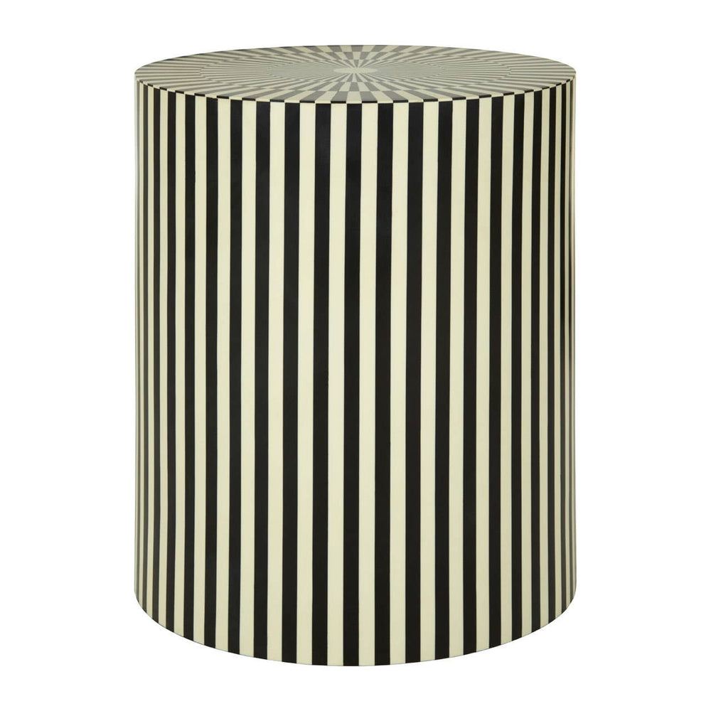 Round side table and stool featuring a striped design in ivory and black resin, with a smooth top and a sturdy base, suitable for indoor use