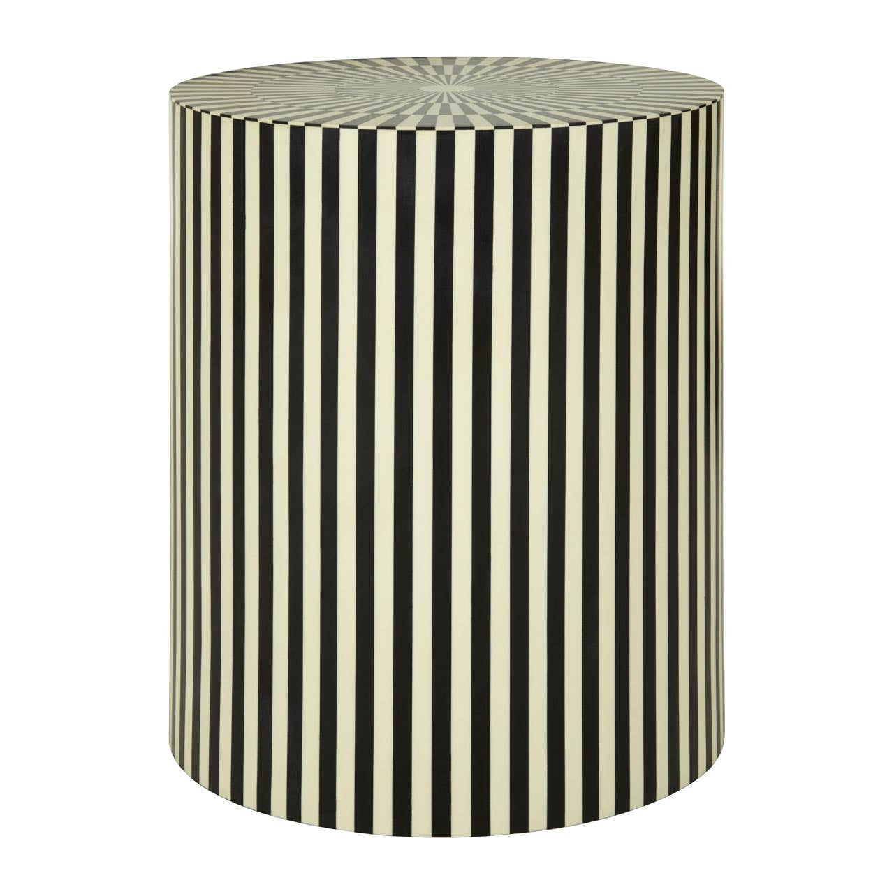 Round side table and stool featuring a striped design in ivory and black resin, with a smooth top and a sturdy base, suitable for indoor use