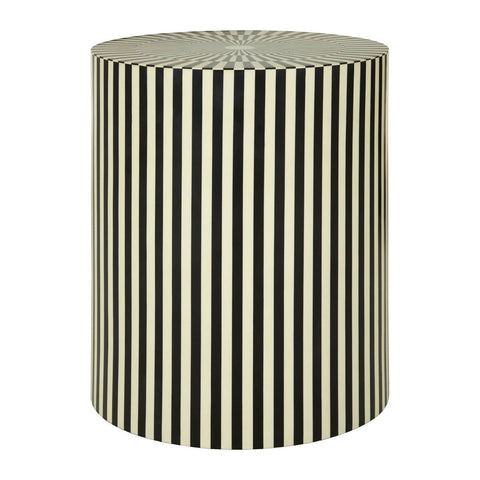 Round side table and stool featuring a striped design in ivory and black resin, with a smooth top and a sturdy base, suitable for indoor use