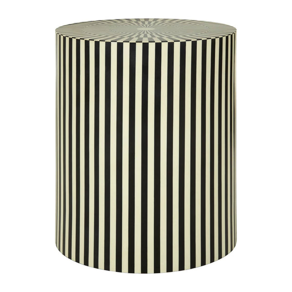 Round side table and stool featuring a striped design in ivory and black resin, with a smooth top and a sturdy base, suitable for indoor use