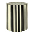 Round side table and stool featuring a striped design in ivory and black resin, with a smooth top and a sturdy base, suitable for indoor use