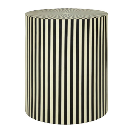 Round side table and stool featuring a striped design in ivory and black resin, with a smooth top and a sturdy base, suitable for indoor use