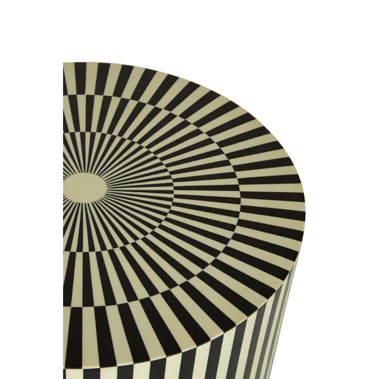 A half-cylinder side table and stool featuring a striking pattern of alternating ivory and black stripes that create a spiral effect, showcasing a modern and artistic design