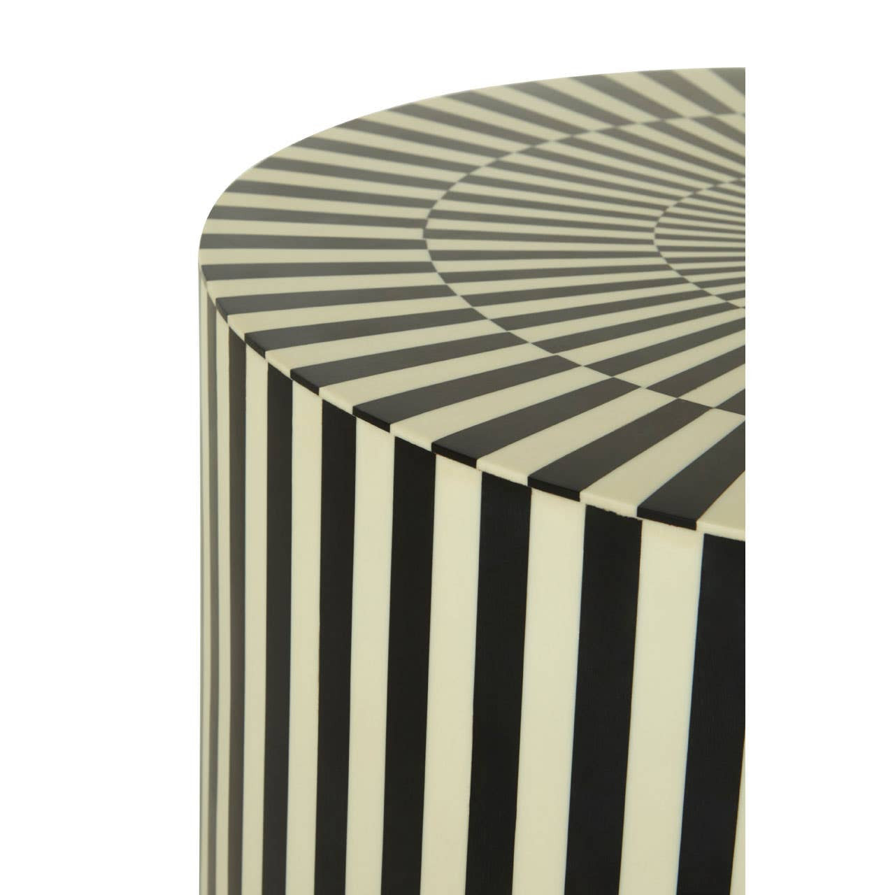 Ivory and black striped side table and stool with a cylindrical shape, showcasing a modern design and smooth surface. The stripes alternate between ivory and black, creating a bold visual contrast. The top edge is rounded, emphasizing its contemporary aesthetic