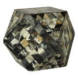 Antique green mosaic geometric hexagon side table featuring a multi-faceted design with a mix of dark and light tones, showcasing a textured surface and angular edges. The table has a unique, modern aesthetic suitable for various interior styles
