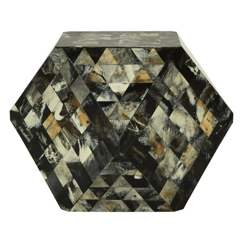Antique green mosaic geometric hexagon side table featuring a multi-faceted surface with a mix of earthy tones, including greens, browns, and hints of gold, creating a textured and visually striking design. The table has a unique hexagonal shape and a smooth top, suitable for use as a side table or accent piece in home decor