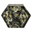 Antique green mosaic geometric hexagon side table featuring a multi-faceted surface with a mix of earthy tones, including greens, browns, and hints of gold, creating a textured and visually striking design. The table has a unique hexagonal shape and a smooth top, suitable for use as a side table or accent piece in home decor