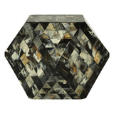 Antique green mosaic geometric hexagon side table featuring a multi-faceted surface with a mix of earthy tones, including greens, browns, and hints of gold, creating a textured and visually striking design. The table has a unique hexagonal shape and a smooth top, suitable for use as a side table or accent piece in home decor