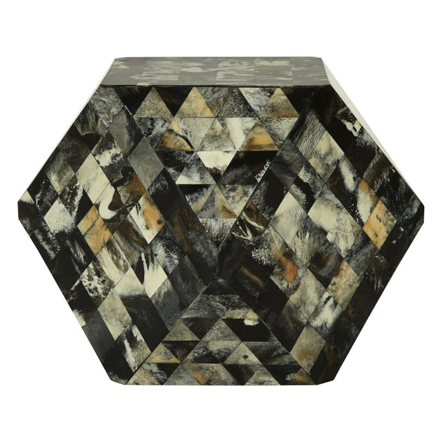 Antique green mosaic geometric hexagon side table featuring a multi-faceted surface with a mix of earthy tones, including greens, browns, and hints of gold, creating a textured and visually striking design. The table has a unique hexagonal shape and a smooth top, suitable for use as a side table or accent piece in home decor