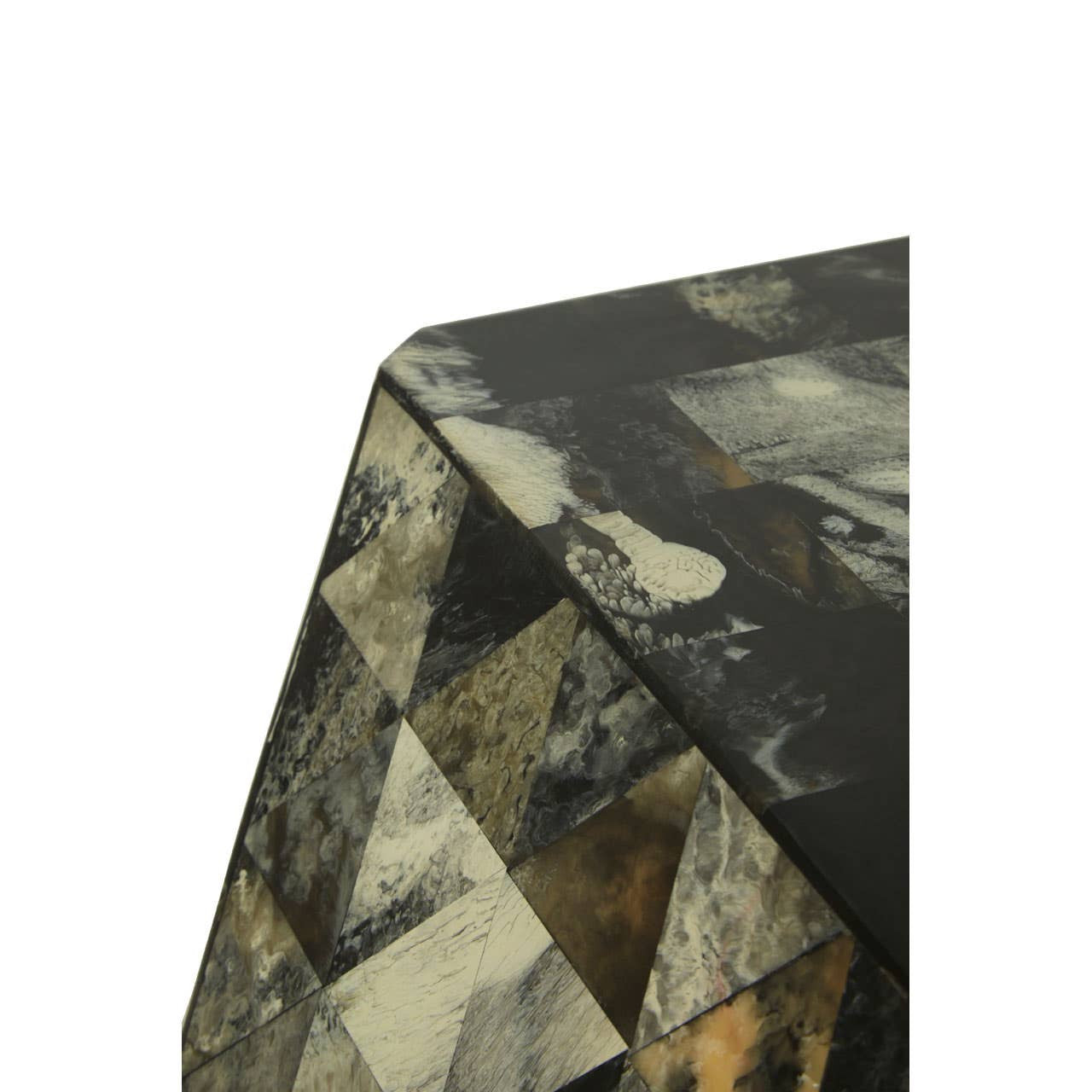 Antique green mosaic geometric hexagon side table featuring a unique patchwork design with various shades of green, gray, and beige tiles arranged in a hexagonal pattern. The table has a sleek, angular shape and a smooth surface, ideal for decorative or functional use in a living space