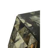 Antique green mosaic geometric hexagon side table featuring a unique patchwork design with various shades of green, gray, and beige tiles arranged in a hexagonal pattern. The table has a sleek, angular shape and a smooth surface, ideal for decorative or functional use in a living space