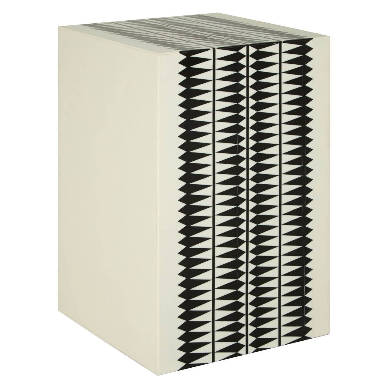 A modern black and white resin table and stool set featuring a sleek, rectangular design with alternating black and white vertical stripes, creating a striking visual contrast. The surface is smooth and glossy, while the overall shape is geometric and contemporary, suitable for various home decor styles