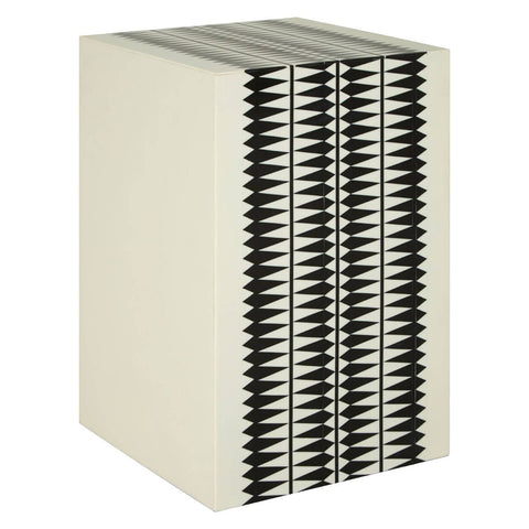 A modern black and white resin table and stool set featuring a sleek, rectangular design with alternating black and white vertical stripes, creating a striking visual contrast. The surface is smooth and glossy, while the overall shape is geometric and contemporary, suitable for various home decor styles