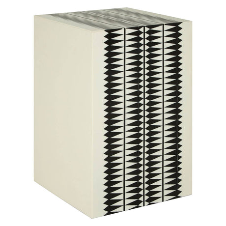 A modern black and white resin table and stool set featuring a sleek, rectangular design with alternating black and white vertical stripes, creating a striking visual contrast. The surface is smooth and glossy, while the overall shape is geometric and contemporary, suitable for various home decor styles