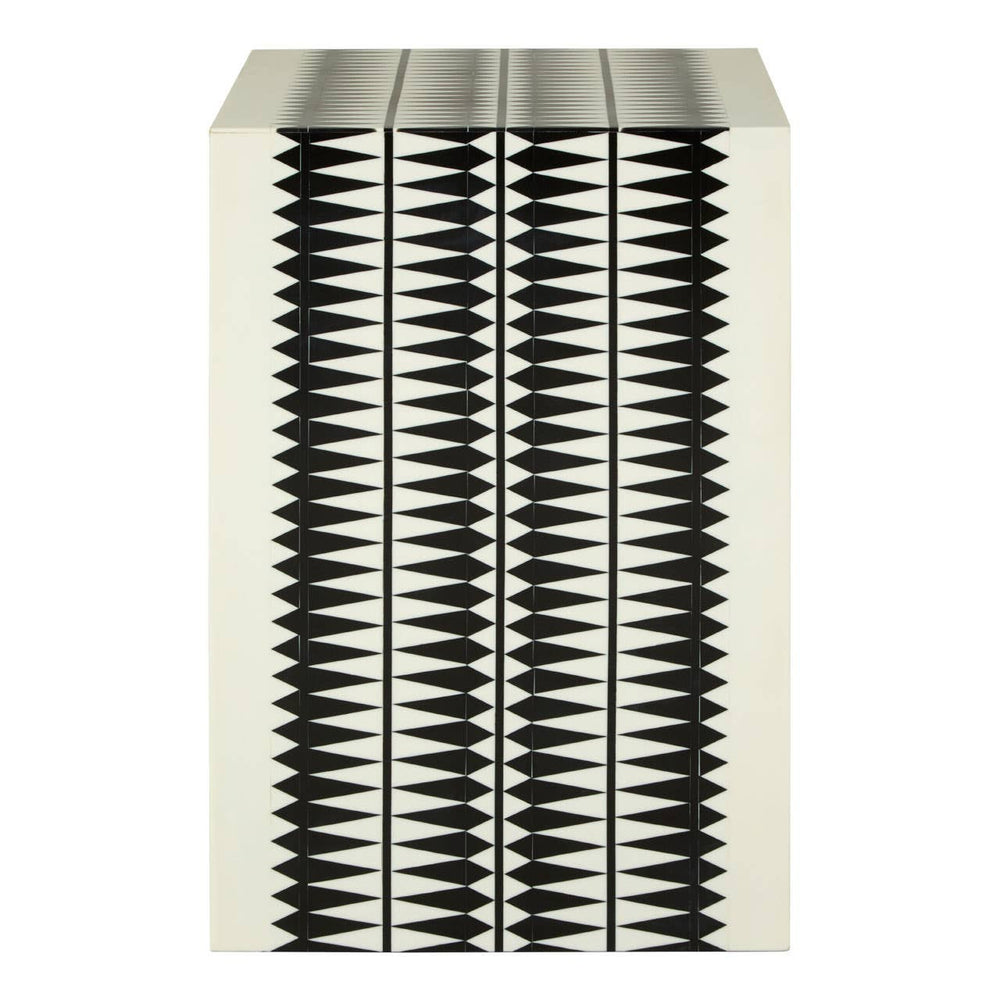 A black and white resin table and stool featuring a modern design with a textured surface, showcasing alternating vertical stripes of black and white. The piece has a rectangular shape and a smooth top, suitable for contemporary home decor