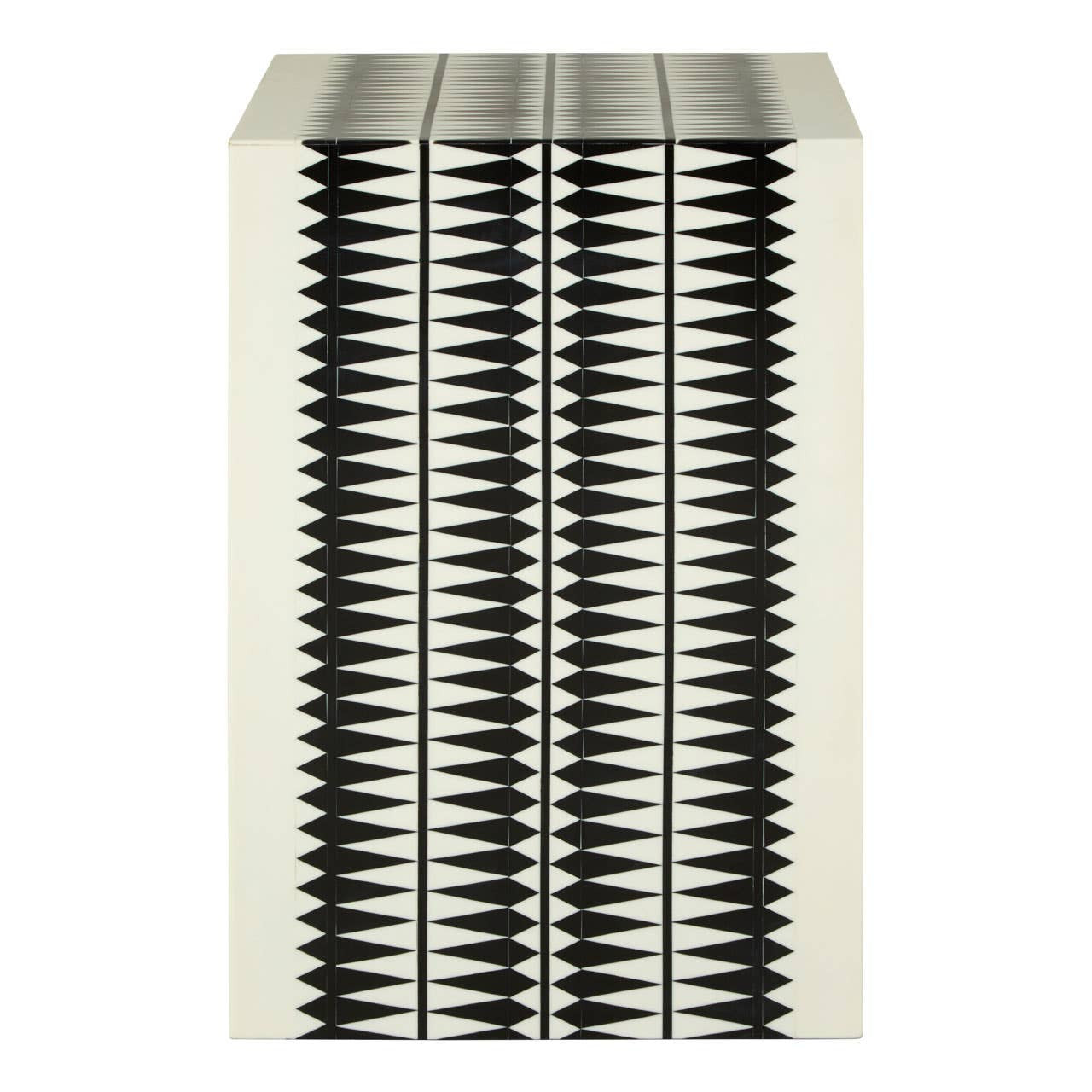 A black and white resin table and stool featuring a modern design with a textured surface, showcasing alternating vertical stripes of black and white. The piece has a rectangular shape and a smooth top, suitable for contemporary home decor