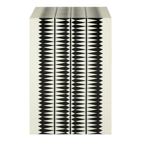 A black and white resin table and stool featuring a modern design with a textured surface, showcasing alternating vertical stripes of black and white. The piece has a rectangular shape and a smooth top, suitable for contemporary home decor