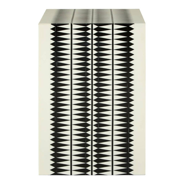 A black and white resin table and stool featuring a modern design with a textured surface, showcasing alternating vertical stripes of black and white. The piece has a rectangular shape and a smooth top, suitable for contemporary home decor