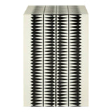 A black and white resin table and stool featuring a modern design with a textured surface, showcasing alternating vertical stripes of black and white. The piece has a rectangular shape and a smooth top, suitable for contemporary home decor