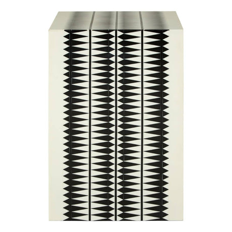 A black and white resin table and stool featuring a modern design with a textured surface, showcasing alternating vertical stripes of black and white. The piece has a rectangular shape and a smooth top, suitable for contemporary home decor