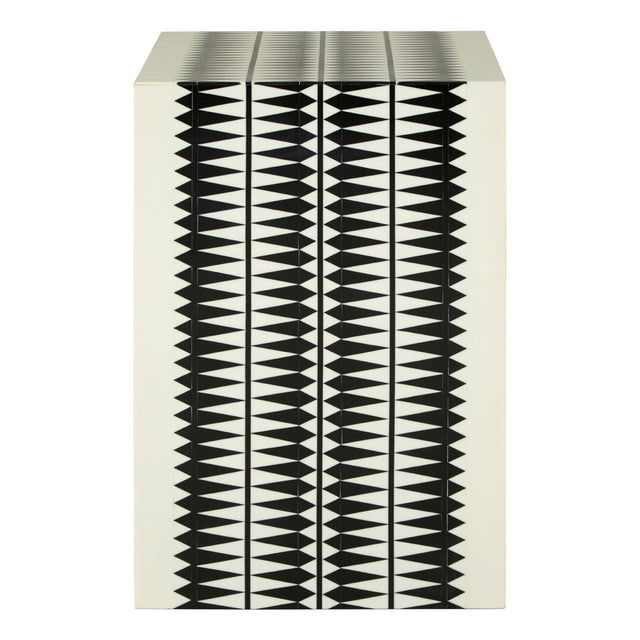A black and white resin table and stool featuring a modern design with a textured surface, showcasing alternating vertical stripes of black and white. The piece has a rectangular shape and a smooth top, suitable for contemporary home decor