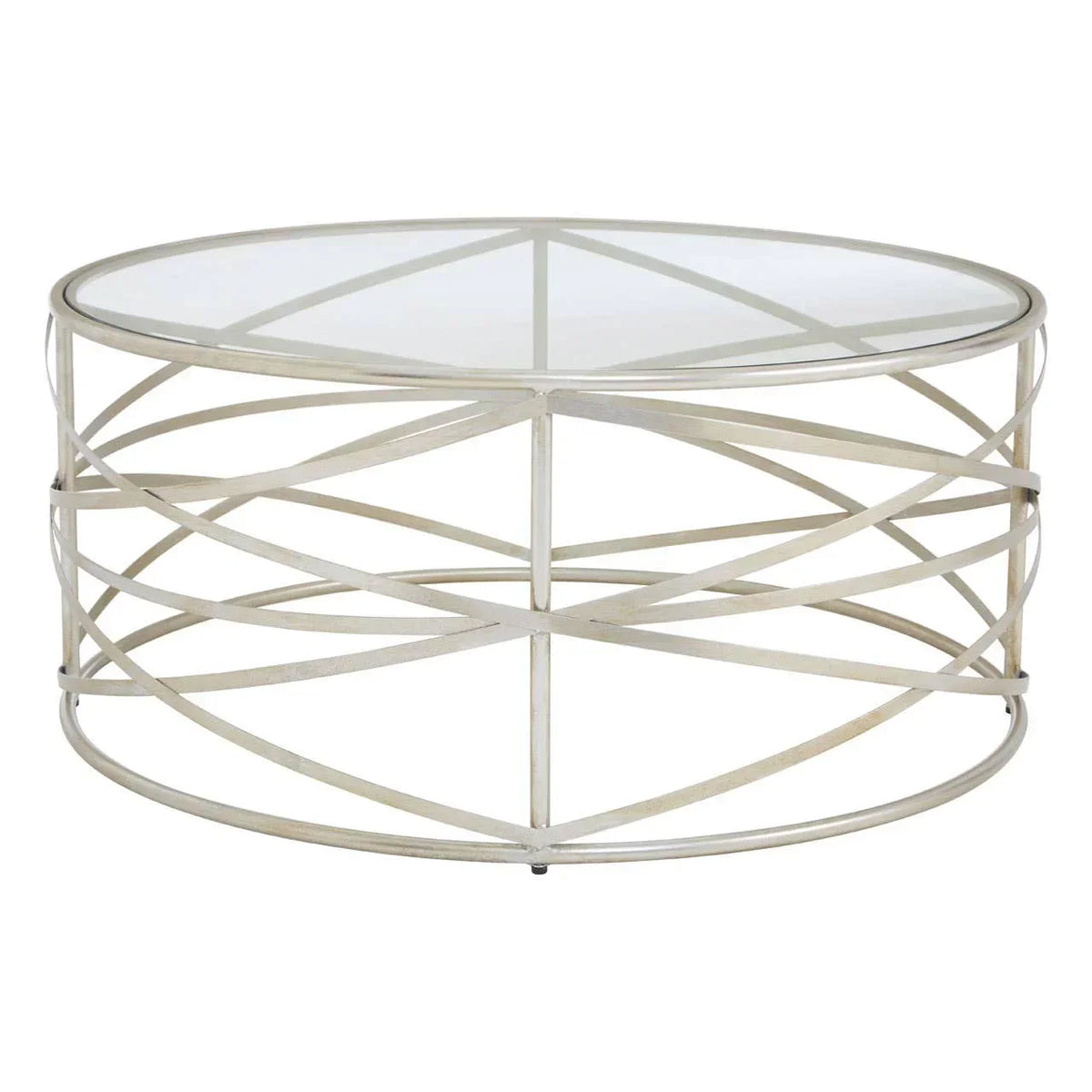 Round glass top coffee table with silver metal geometric base