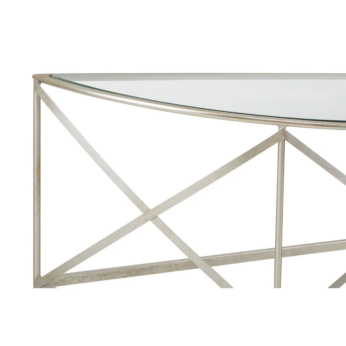 Glass console table with silver metal frame and geometric cross detail, side angle view