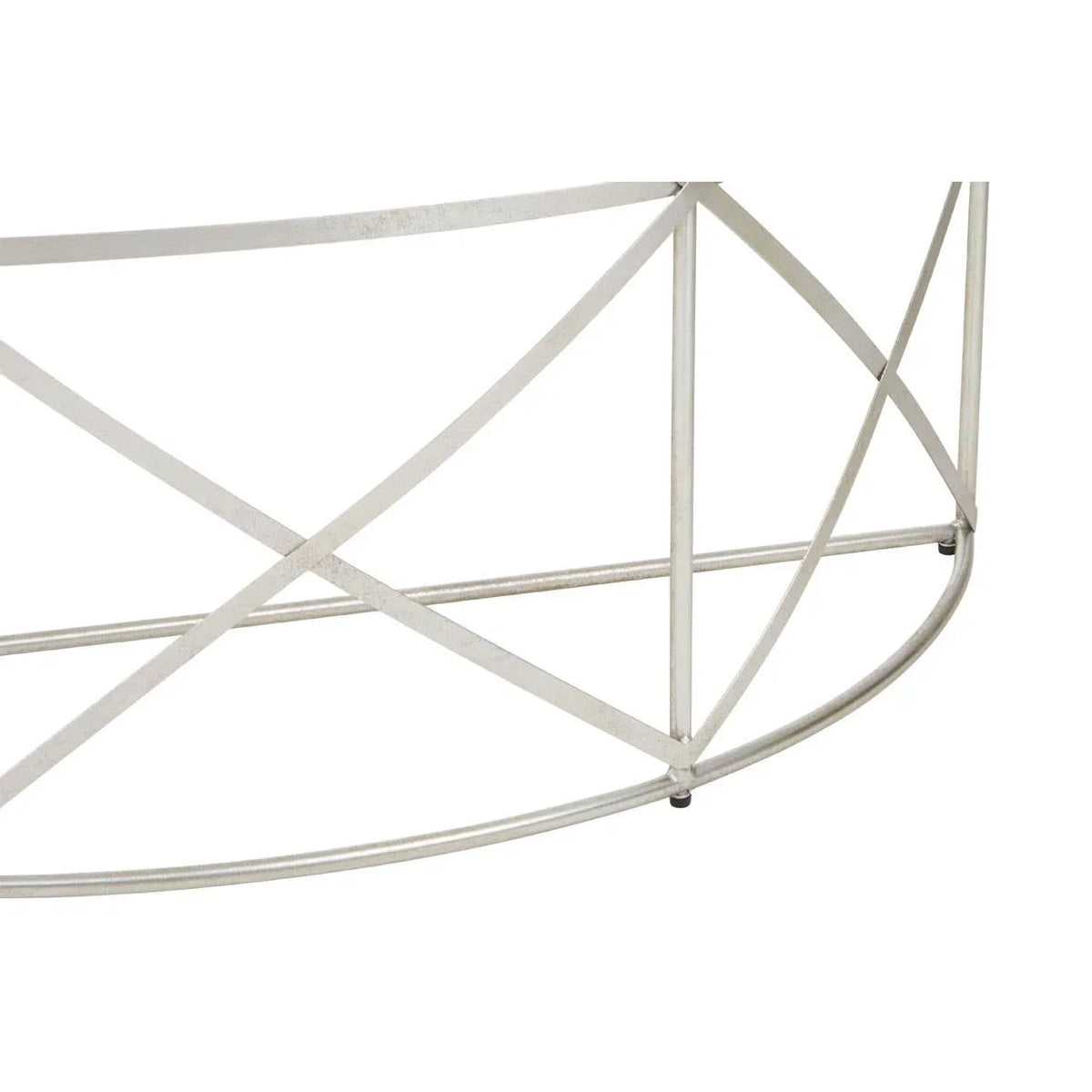 Silver metal coffee table base with geometric intersecting lines detail
