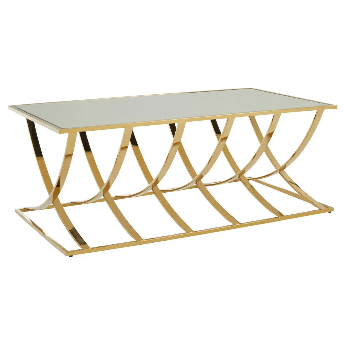 Glass top coffee table with gold metal geometric base, angled side view