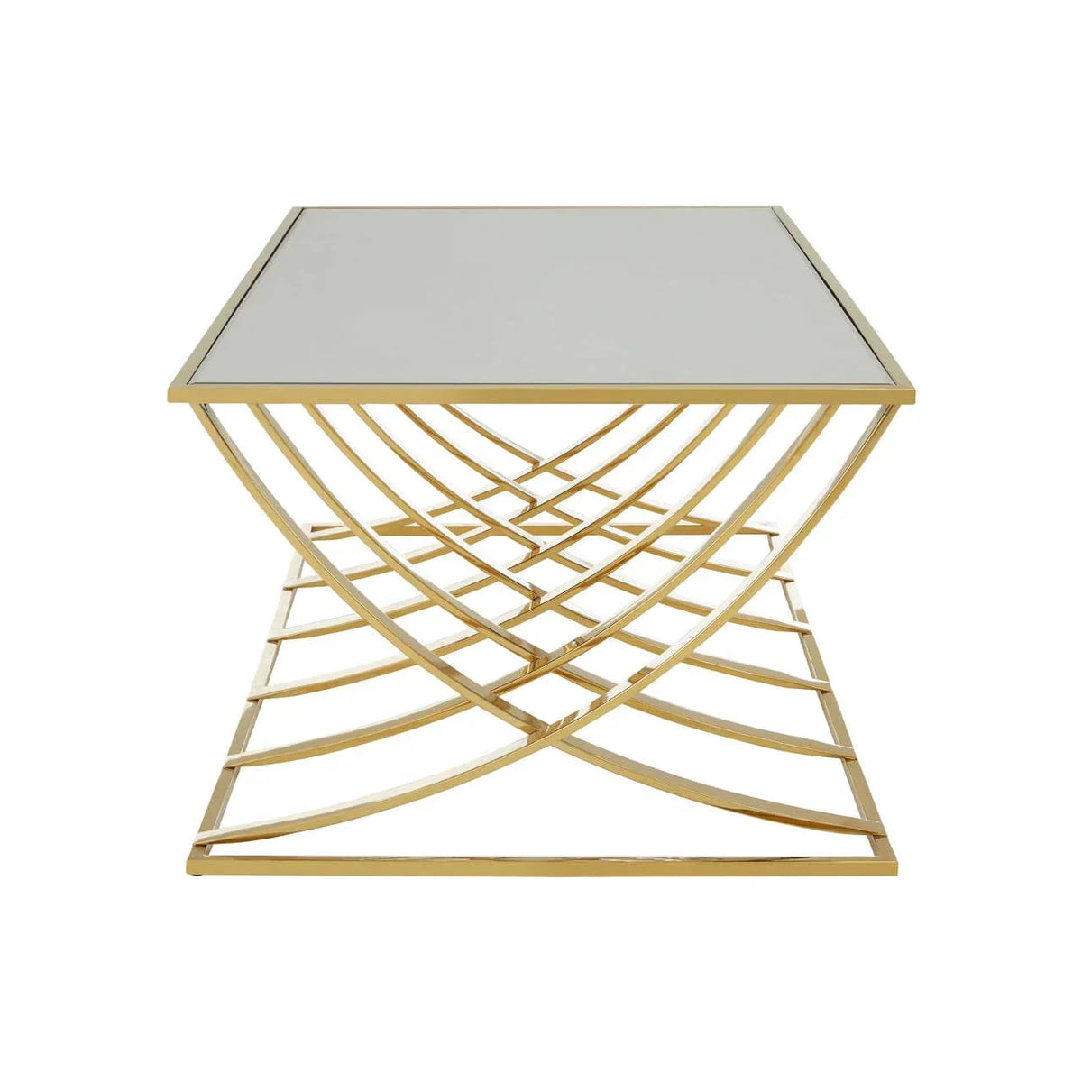 Square glass top coffee table with gold metal geometric base, front view