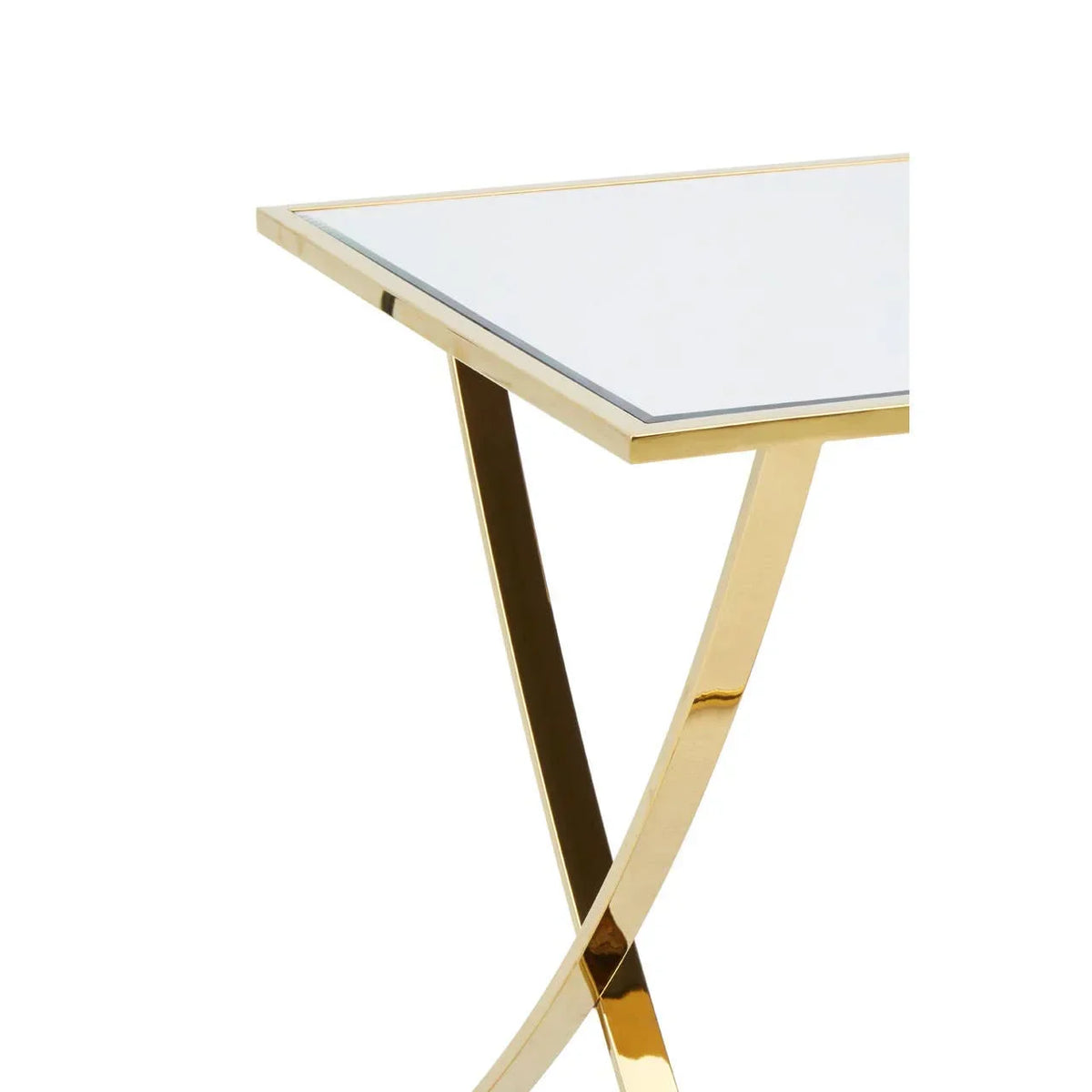 Glass top side table with gold metal frame and angled legs, close up corner view