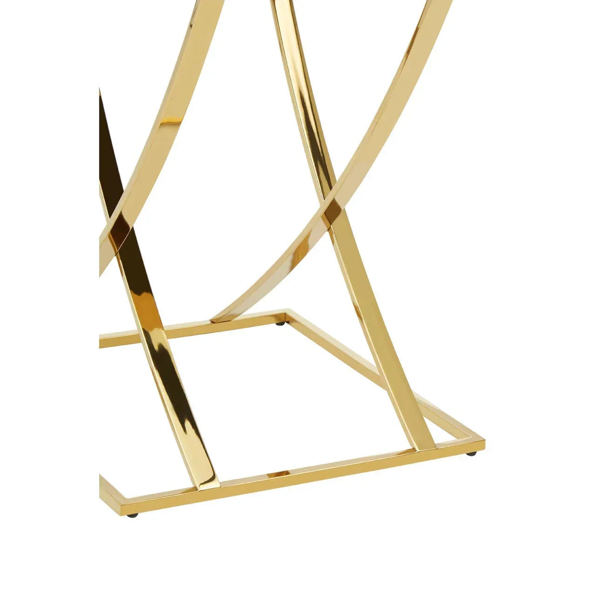 Gold metal dining table base with intersecting curved legs and square frame