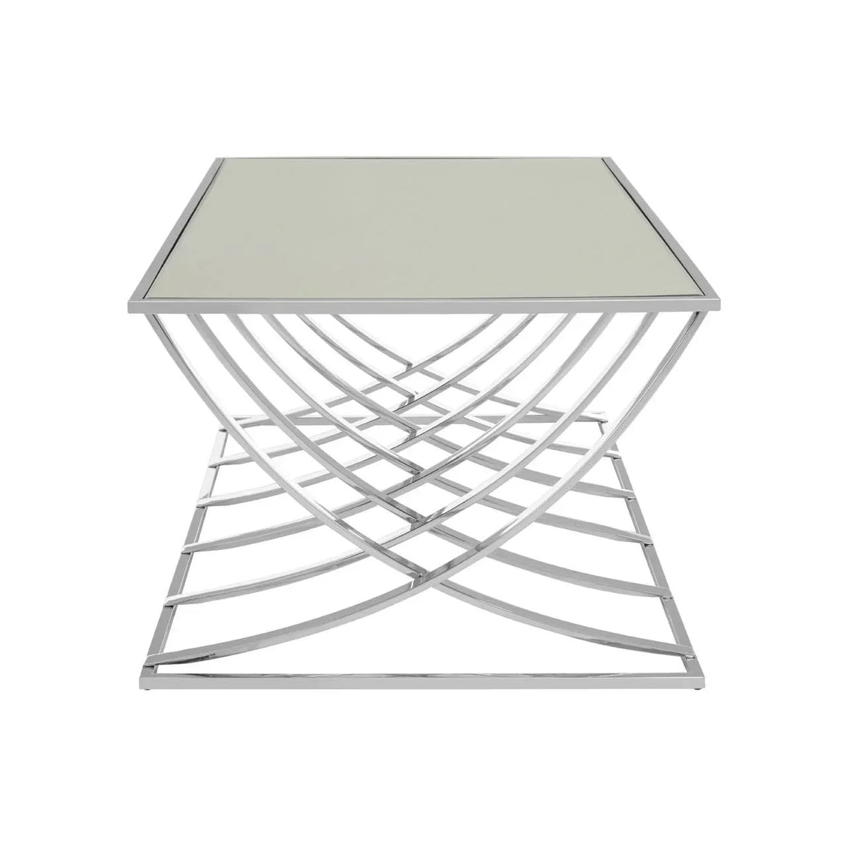Square glass top side table with chrome metal base and geometric open frame design