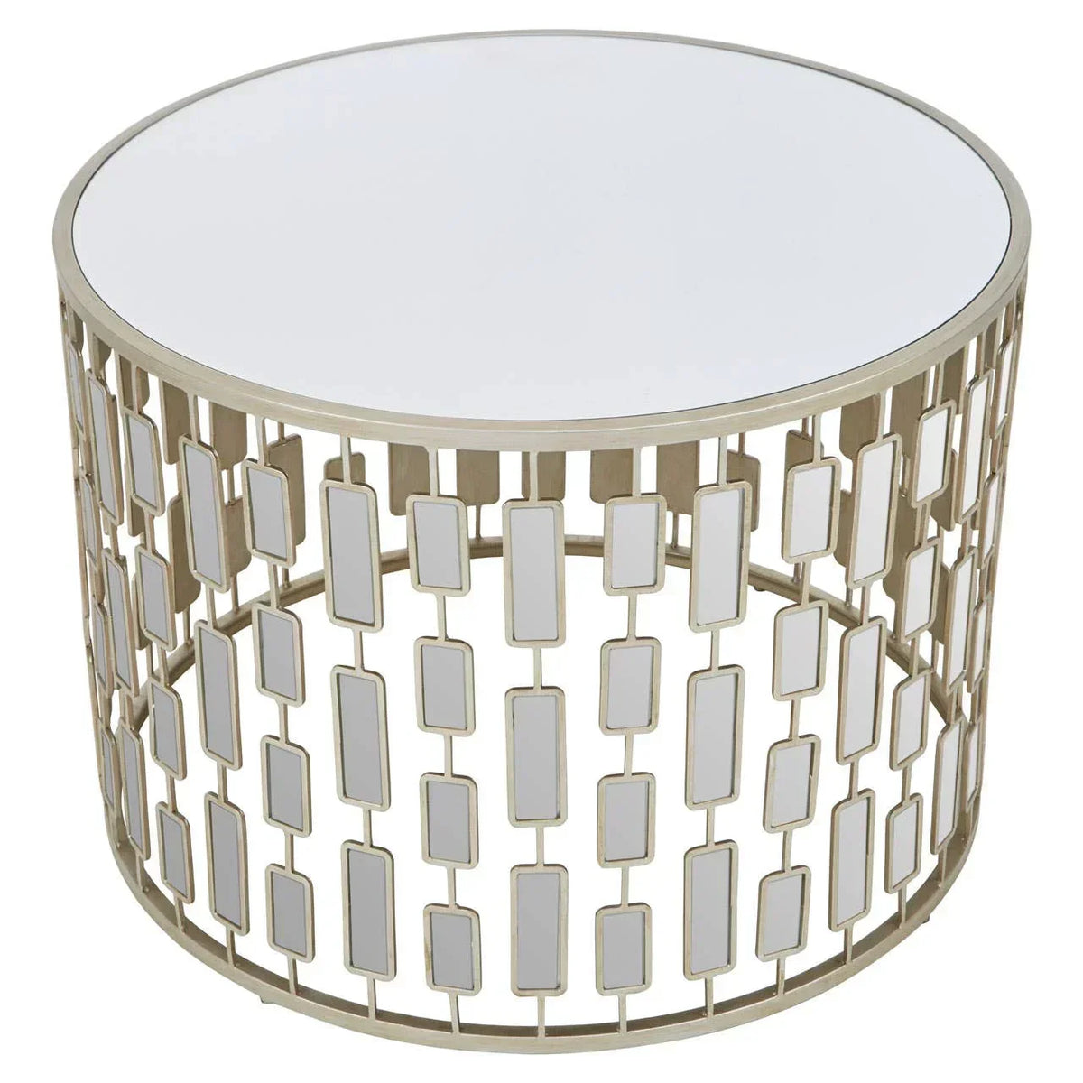 Round glass coffee table with gold geometric metal base, mirrored rectangular accents