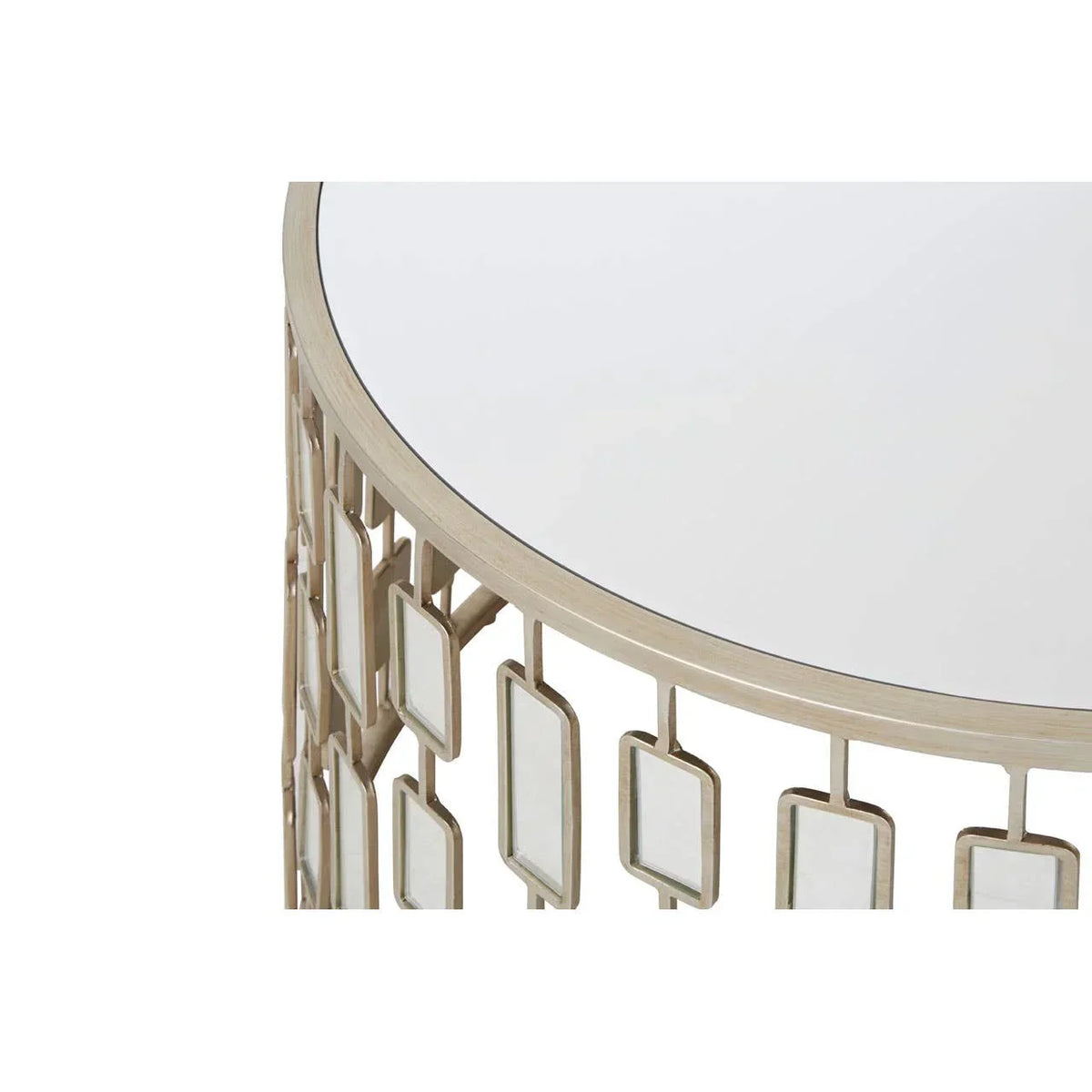 Round glass top side table with gold geometric metal frame detail