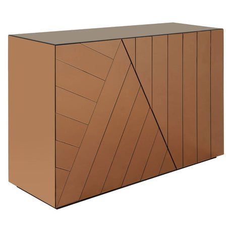 A modern console table featuring a tinted mirror top and a geometric design on the front, crafted from warm-toned wood with a smooth finish. The table has two doors with a diagonal pattern, providing a stylish and functional storage solution