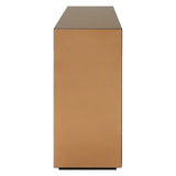 A sleek console table with a tinted mirror finish, featuring a rectangular shape and smooth edges. The surface is reflective, enhancing the modern aesthetic, while the base has a warm, metallic hue that complements the mirror. The overall design is minimalist and elegant, suitable for contemporary home decor