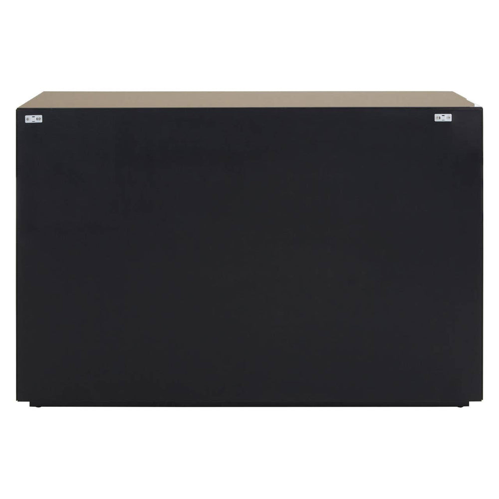 A sleek black console table with a tinted mirror finish on the front, featuring a minimalist design and two small metallic handles on the top edge. The table has a flat surface and a rectangular shape, suitable for entryways or living spaces